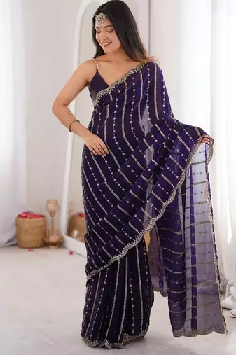 Purple fendy satin sequence embroidered saree