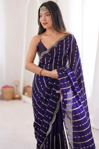 Purple fendy satin sequence embroidered saree