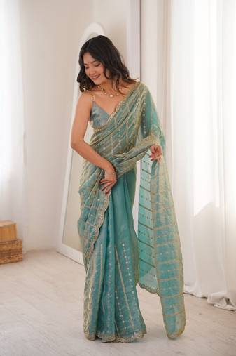 Aqua blue fendy satin sequence embroidered saree