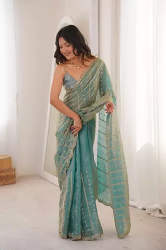 Aqua blue fendy satin sequence embroidered saree