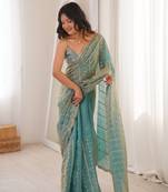 Aqua blue fendy satin sequence embroidered saree