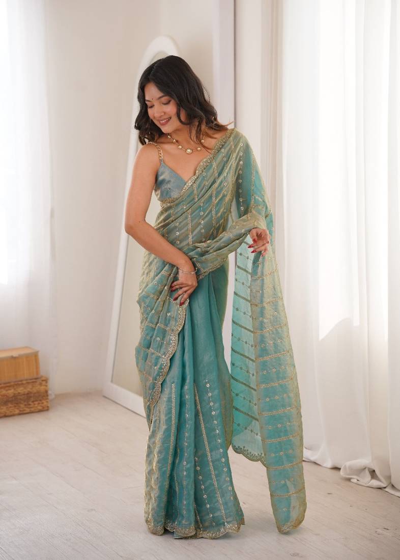 Aqua blue fendy satin sequence embroidered saree