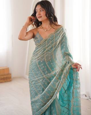 Aqua blue fendy satin sequence embroidered saree 3
