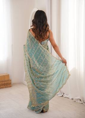 Aqua blue fendy satin sequence embroidered saree 4