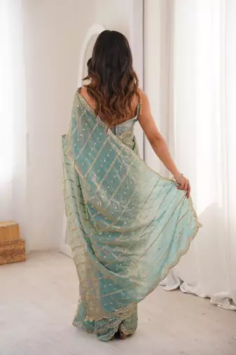 Aqua blue fendy satin sequence embroidered saree