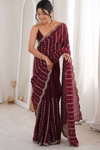 Wine fendy satin sequence embroidered saree