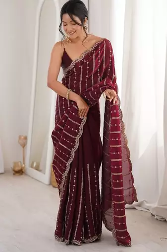 Wine fendy satin sequence embroidered saree