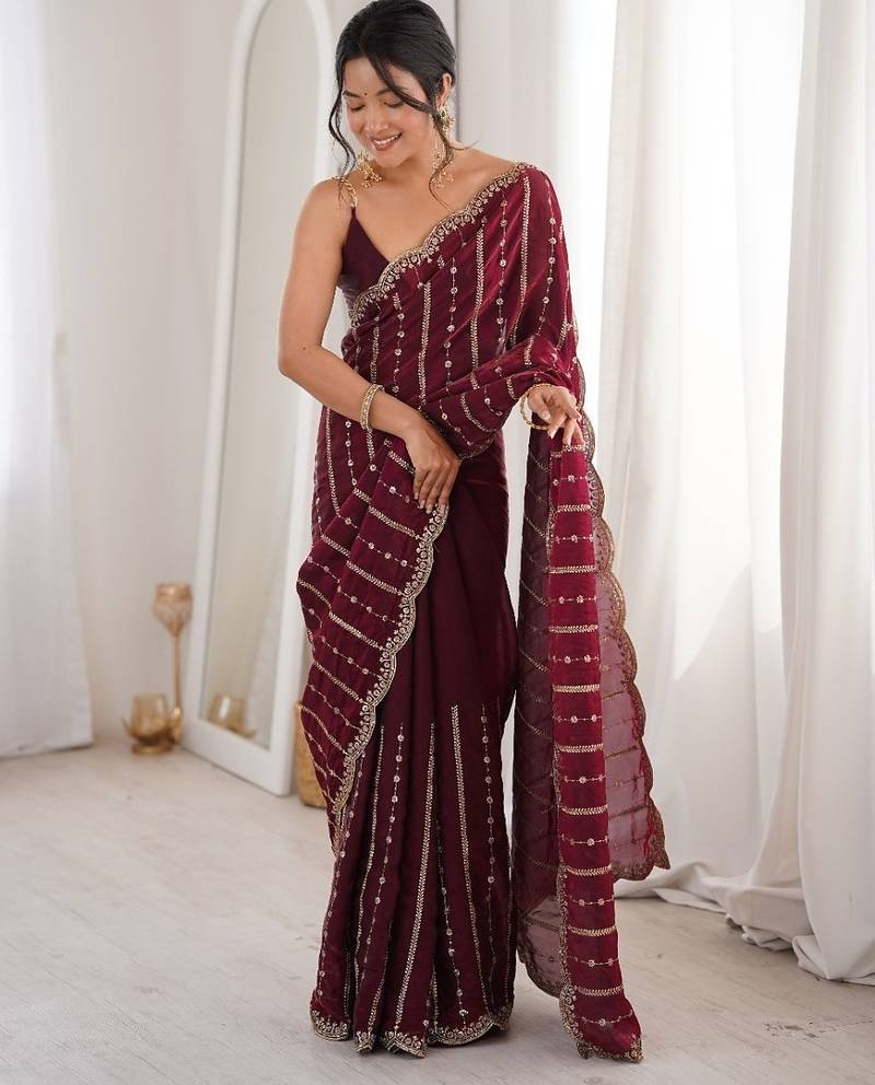 Wine fendy satin sequence embroidered saree