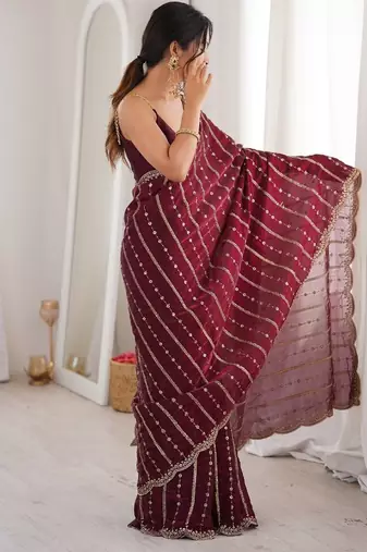 Wine fendy satin sequence embroidered saree