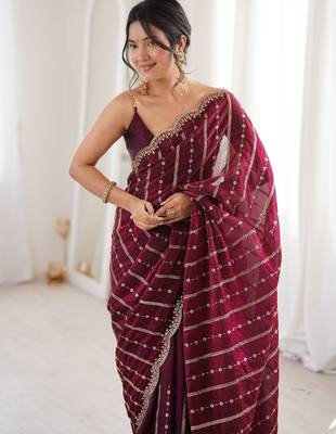 Wine fendy satin sequence embroidered saree 3