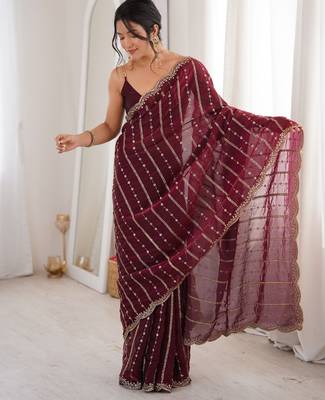 Wine fendy satin sequence embroidered saree 4