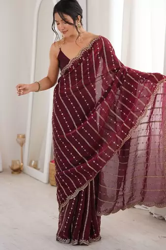 Wine fendy satin sequence embroidered saree
