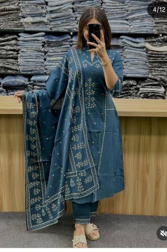 Women's Cotton Bandhani Printed Kurta Pant Dupatta Set