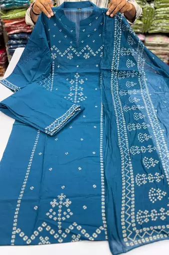 Women's Cotton Bandhani Printed Kurta Pant Dupatta Set