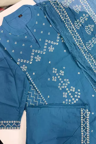 Women's Cotton Bandhani Printed Kurta Pant Dupatta Set