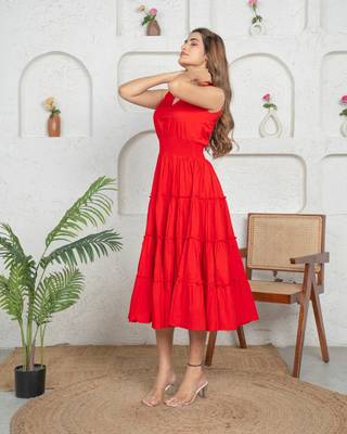 Red cotton tiered flowy frock dress for women 1