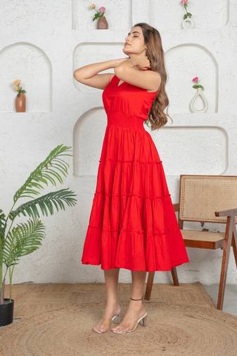 Red cotton tiered flowy frock dress for women