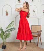 Red cotton tiered flowy frock dress for women