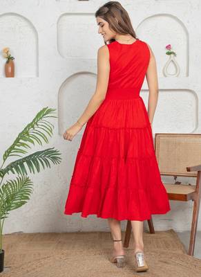 Red cotton tiered flowy frock dress for women 2