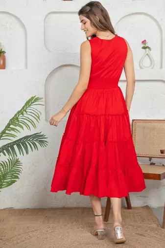 Red cotton tiered flowy frock dress for women