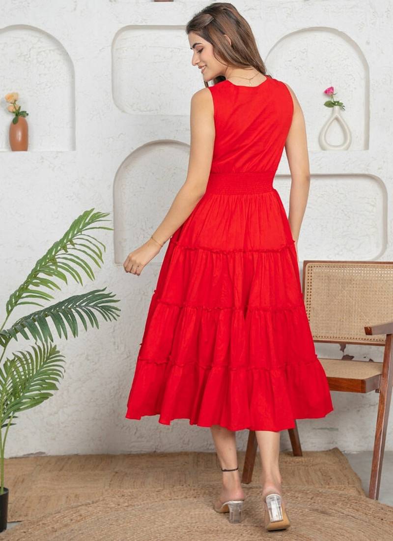 Red cotton tiered flowy frock dress for women