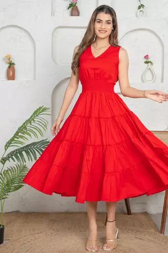 Red cotton tiered flowy frock dress for women