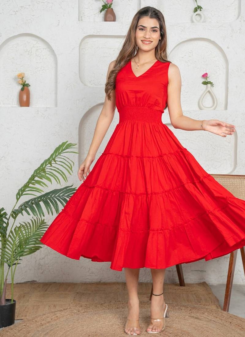 Red cotton tiered flowy frock dress for women