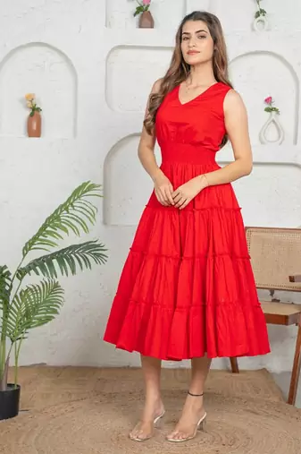 Red cotton tiered flowy frock dress for women
