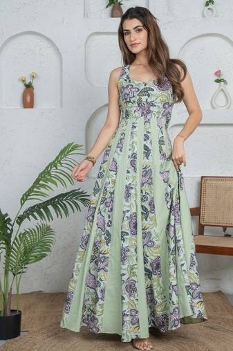 Green floral printed cotton fit and flare dress for women