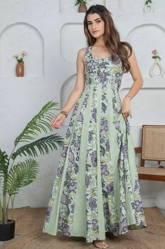 Green floral printed cotton fit and flare dress for women
