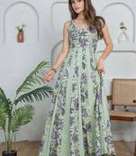 Green floral printed cotton fit and flare dress for women