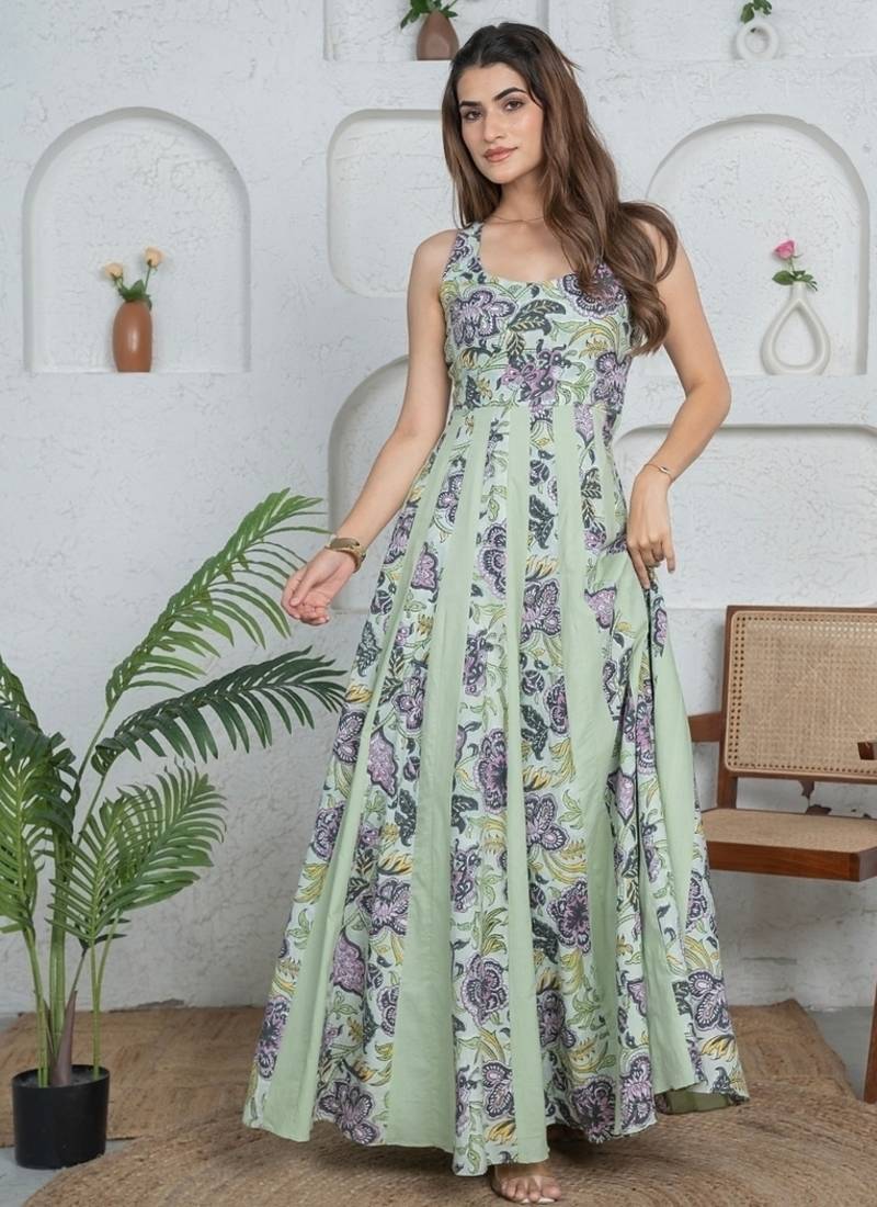Green floral printed cotton fit and flare dress for women