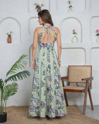 Green floral printed cotton fit and flare dress for women 2