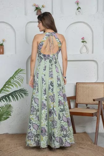 Green floral printed cotton fit and flare dress for women