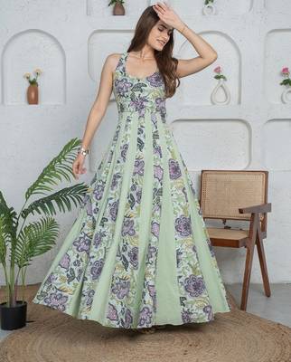 Green floral printed cotton fit and flare dress for women 3