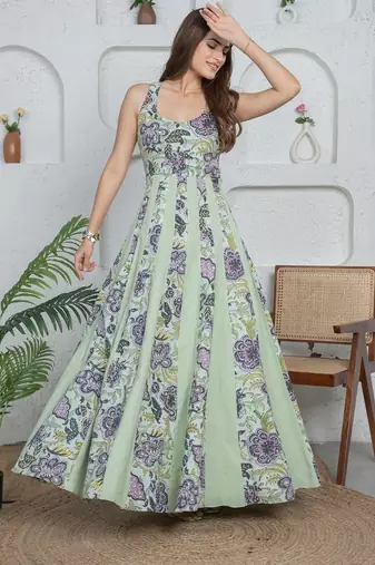 Green floral printed cotton fit and flare dress for women