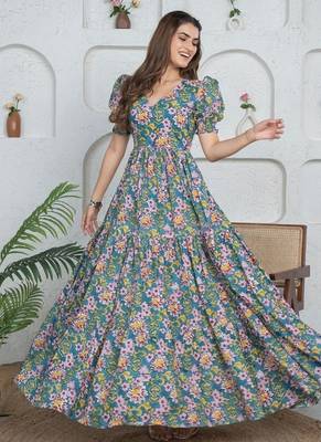 Blue floral printed cotton maxi dress for women 1