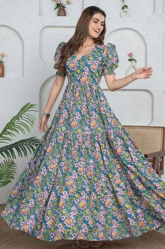 Blue floral printed cotton maxi dress for women