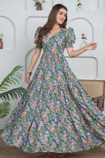 Blue floral printed cotton maxi dress for women