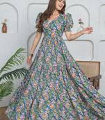 Blue floral printed cotton maxi dress for women