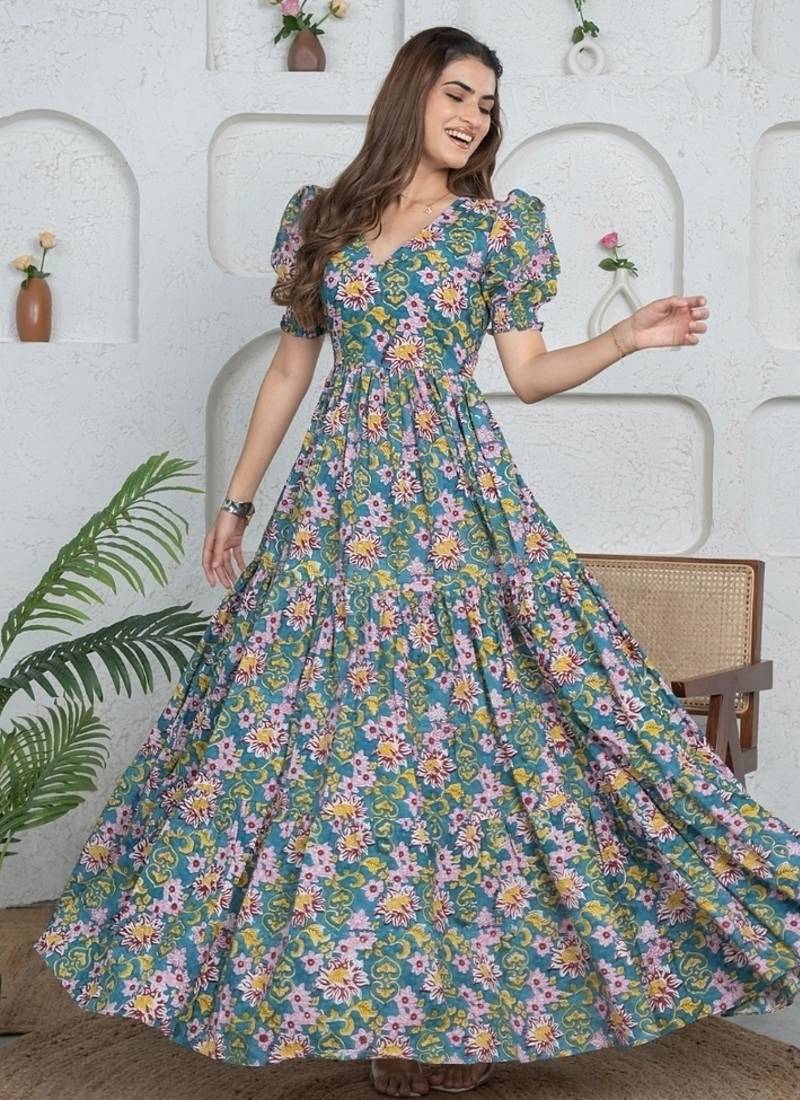 Blue floral printed cotton maxi dress for women