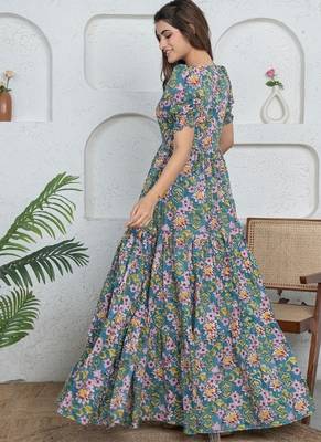 Blue floral printed cotton maxi dress for women 2