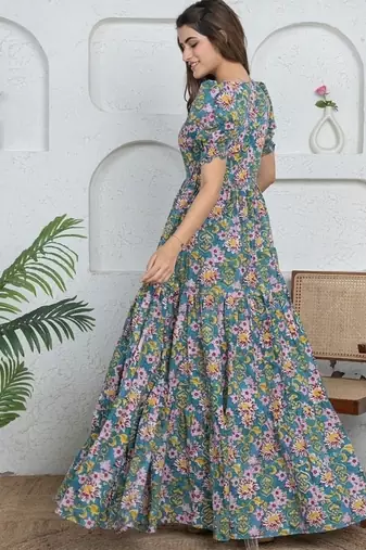 Blue floral printed cotton maxi dress for women