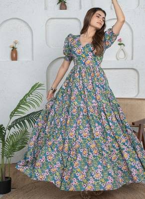 Blue floral printed cotton maxi dress for women 3