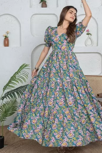 Blue floral printed cotton maxi dress for women