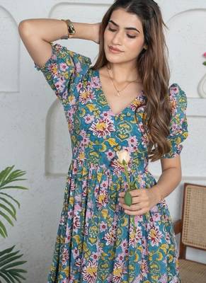 Blue floral printed cotton maxi dress for women 4