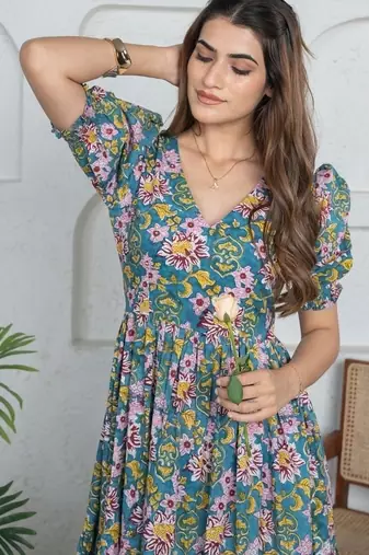 Blue floral printed cotton maxi dress for women