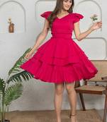 Magenta solid cotton layered fit & flare dress for women