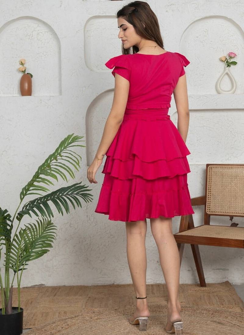 Magenta solid cotton layered fit & flare dress for women
