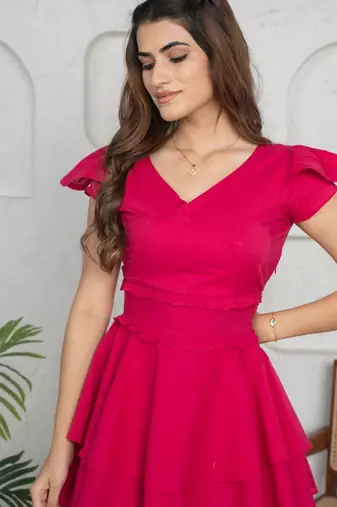 Magenta solid cotton layered fit & flare dress for women